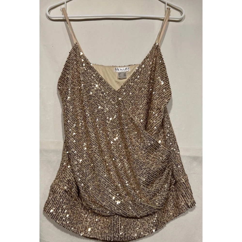 Glam Festival Gold Sequin Tank Wrap Front Ruched Waistband Lined Adjust Straps M